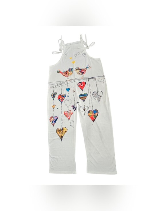 Pants - Boho Bird Heart Print Jumpsuit Women Size XXL White Graphic Tie Strap Overalls